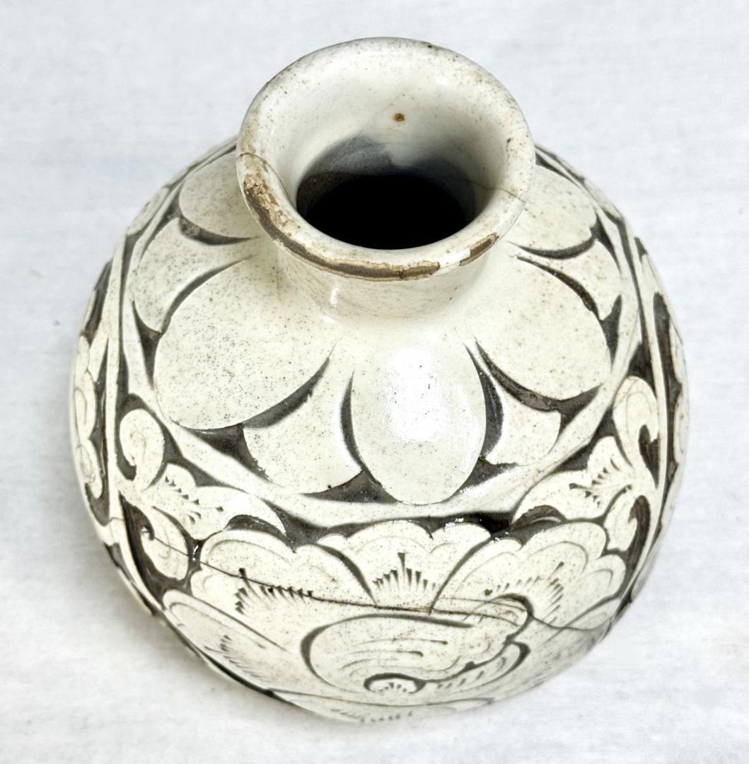 宋時代 磁州窯白釉剔牡丹花紋罐 中国古玩 唐物 歴史有る年代物 WWTT107