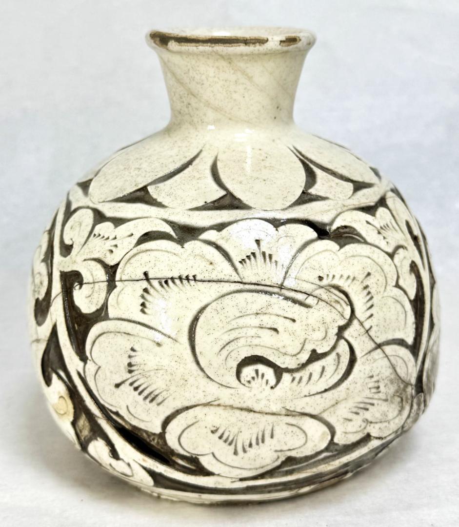 宋時代 磁州窯白釉剔牡丹花紋罐 中国古玩 唐物 歴史有る年代物 WWTT107