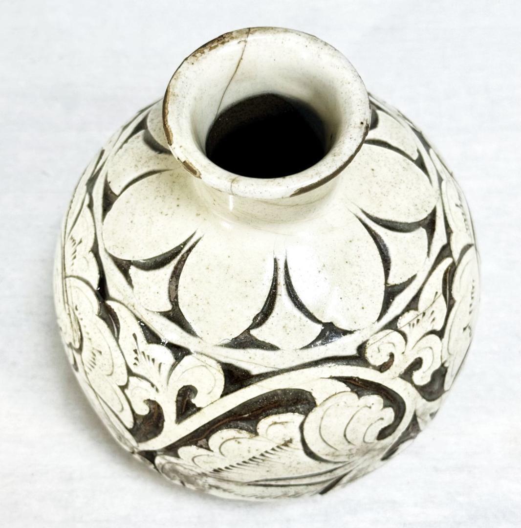 宋時代 磁州窯白釉剔牡丹花紋罐 中国古玩 唐物 歴史有る年代物 WWTT107