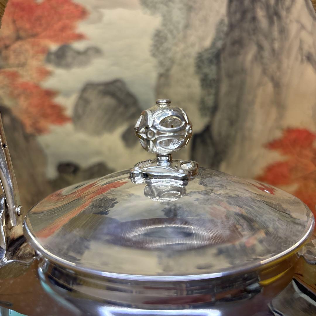 【中川净益】純銀花草彫 湯沸 銀瓶 煎茶道具