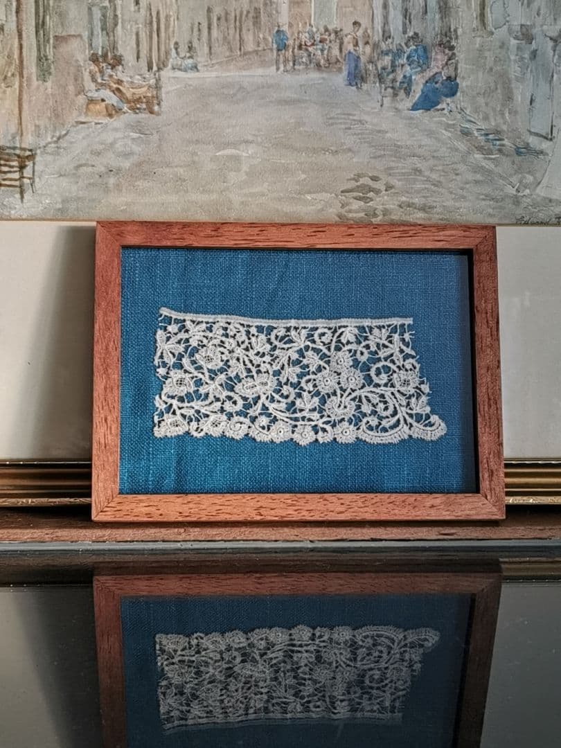 アンティークベルギー ロザリンペルレ 薔薇と小花のレース ニードル刺繍 額装品