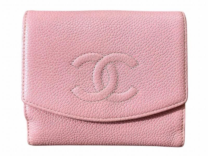 G② ビンテージ シャネル ココマーク キャビアスキン レザー 二つ折り 財布
