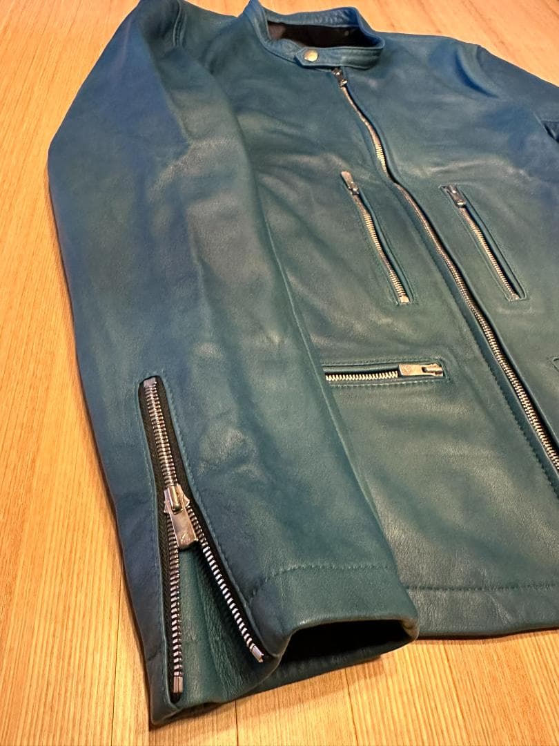 NO ID. 屋外未着用シープレザー ライダースJK ブルーグリーン WAX付