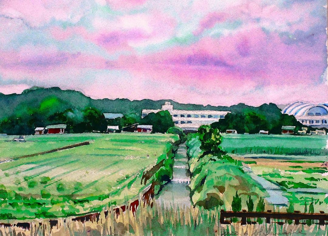 田園風景 水彩画 額縁付き