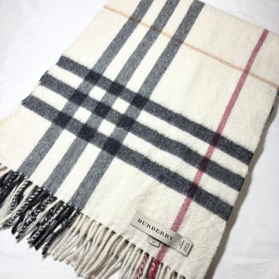 【美品】　バーバリー　カシミヤ100％　マフラー　メガチェック　英製　アイボリー
