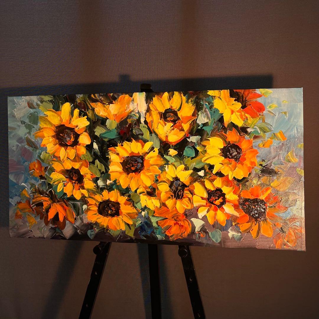 ★秀作★ 手書き油絵 ひまわり 肉筆絵画 インテリア 油彩画