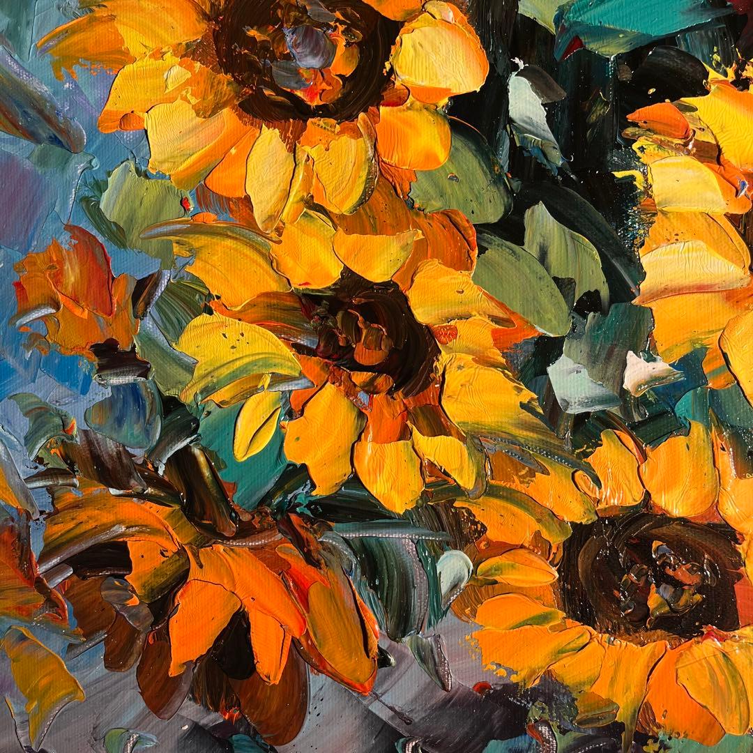 ★秀作★ 手書き油絵 ひまわり 肉筆絵画 インテリア 油彩画