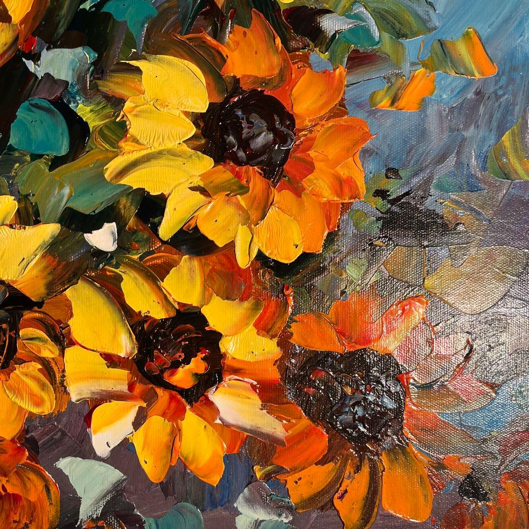 ★秀作★ 手書き油絵 ひまわり 肉筆絵画 インテリア 油彩画