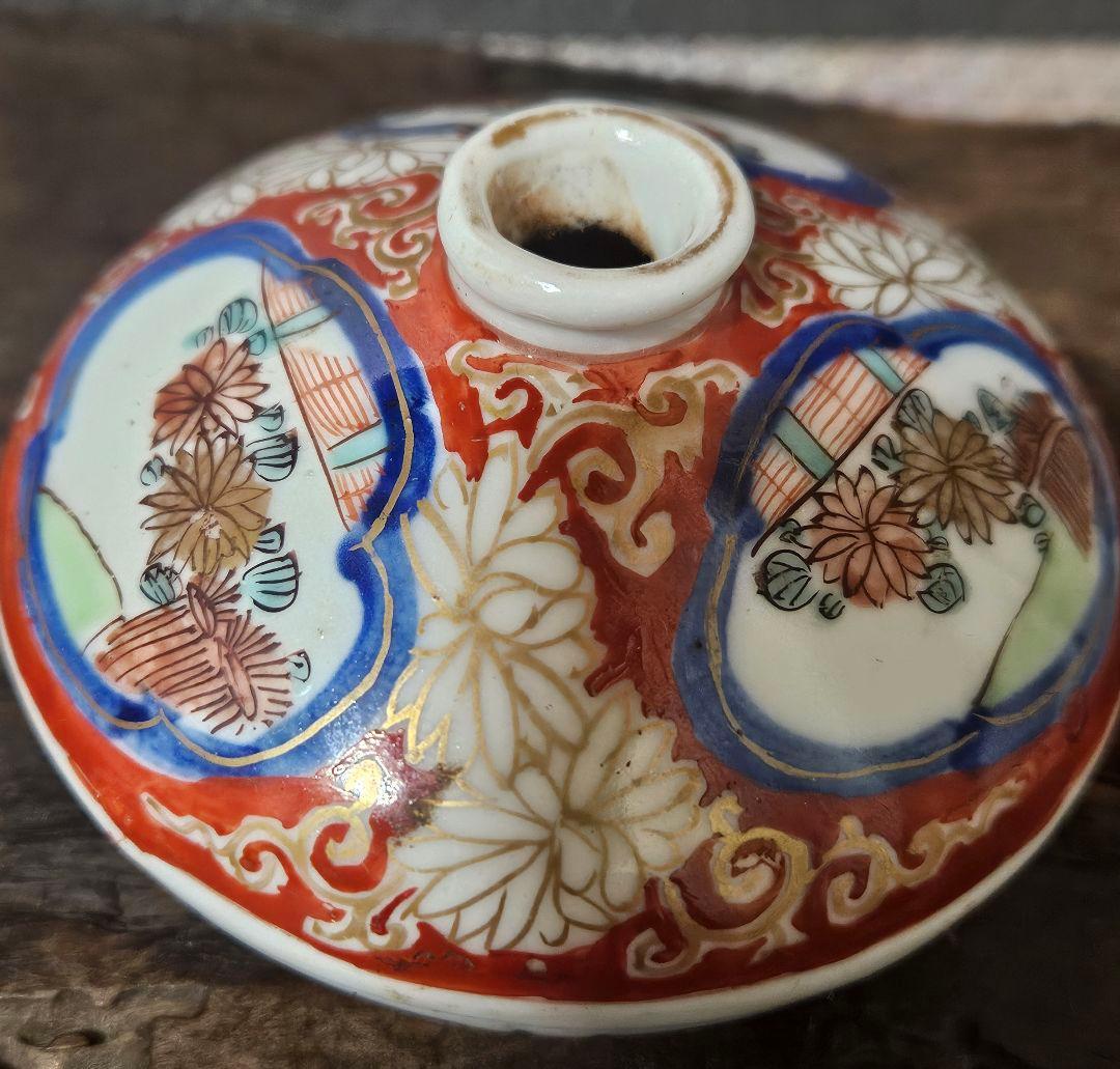 明治時代　古伊万里　染錦　菊花図　金彩　菊唐草文　油壺　花入　一輪挿　化粧道具