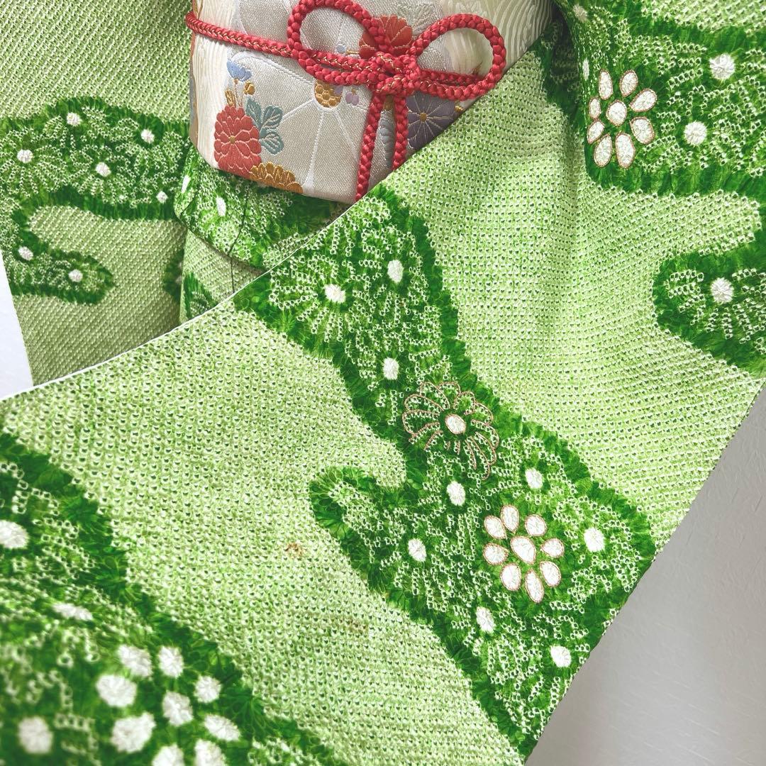 469 振袖フルセット 正絹 グリーン 緑 総絞り 駒刺繍 三越 百貨店 高級