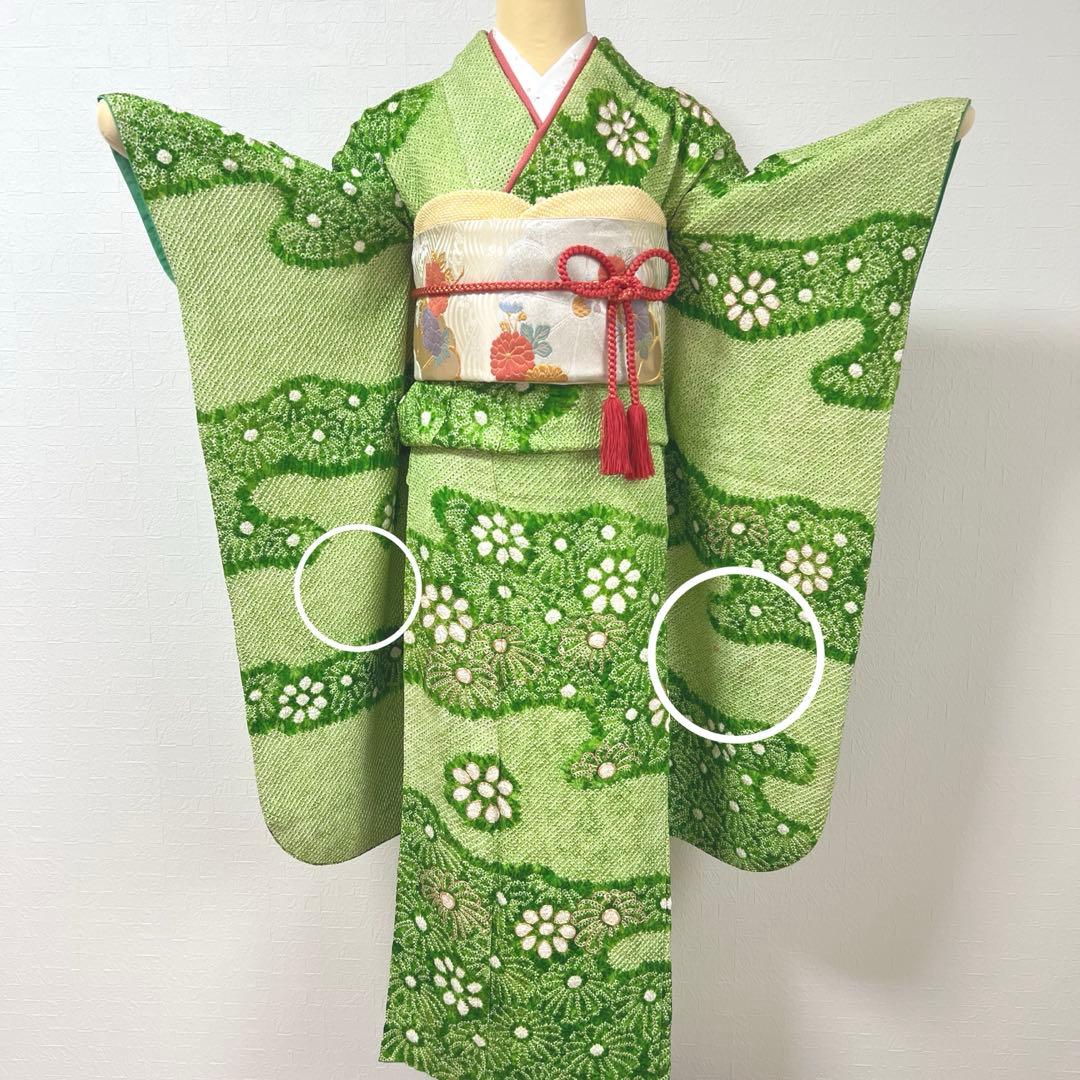 469 振袖フルセット 正絹 グリーン 緑 総絞り 駒刺繍 三越 百貨店 高級