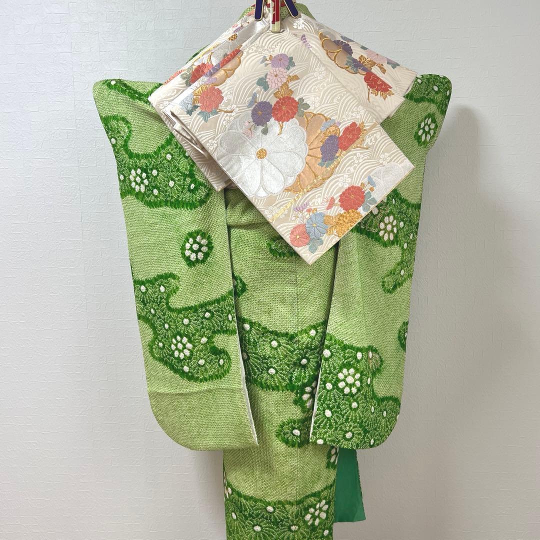 469 振袖フルセット 正絹 グリーン 緑 総絞り 駒刺繍 三越 百貨店 高級