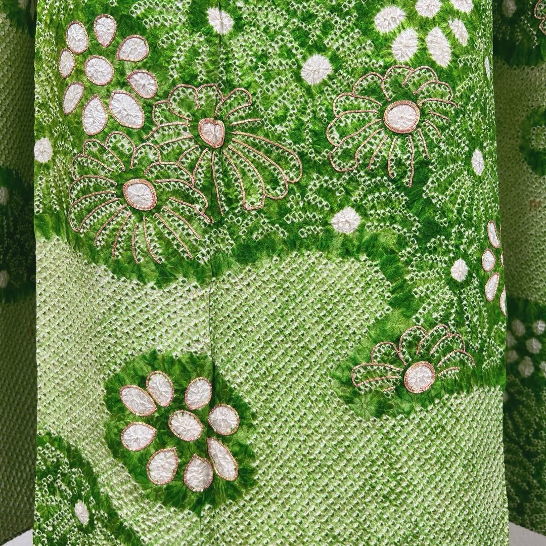 469 振袖フルセット 正絹 グリーン 緑 総絞り 駒刺繍 三越 百貨店 高級