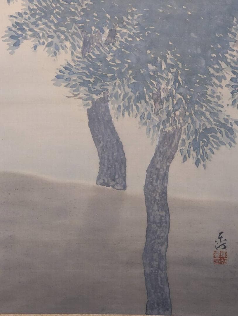 【真作】掛軸　松林風景　近代日本画　木立図　静謐な青緑彩　筆致鮮やか　T86