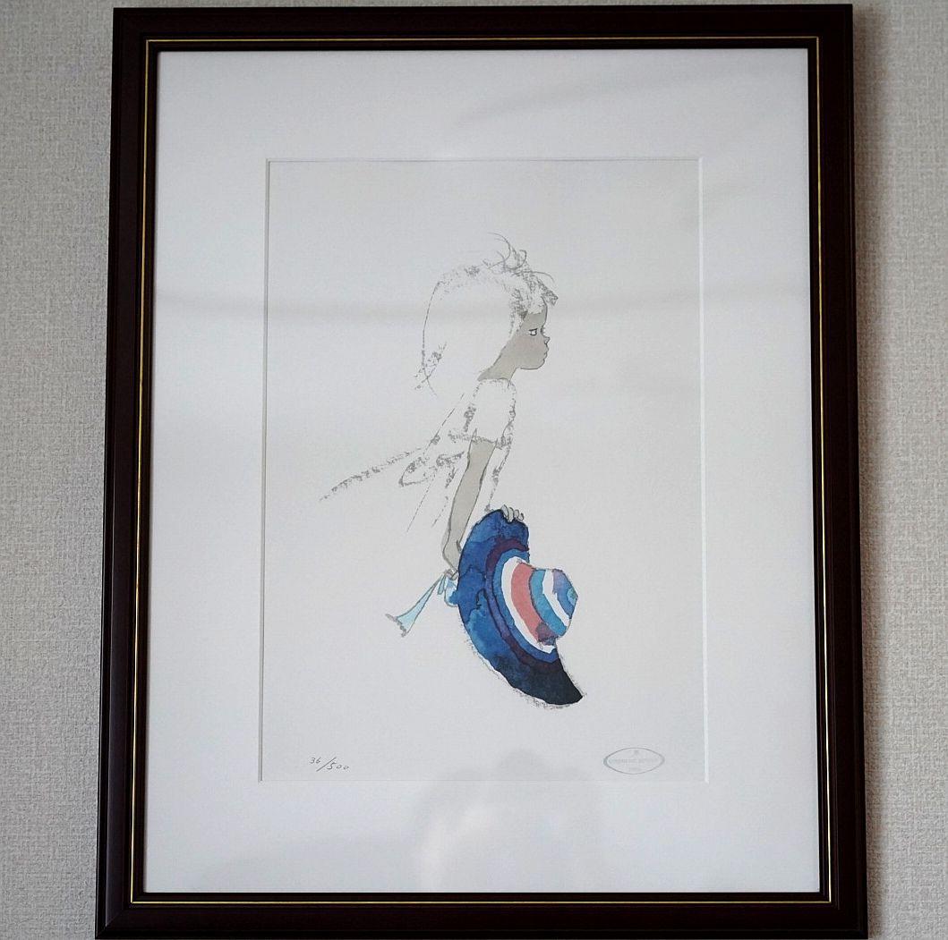 【美品】いわさきちひろ リトグラフ 『青いつば広帽子を持つ少女』