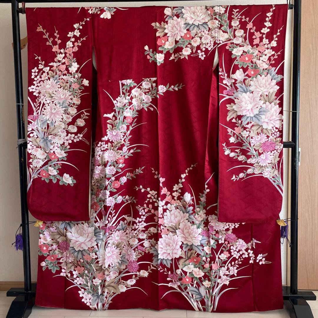 ■E4124■美品■紅海老茶色　花尽くし　京友禅　袷　振袖　丈166 裄68