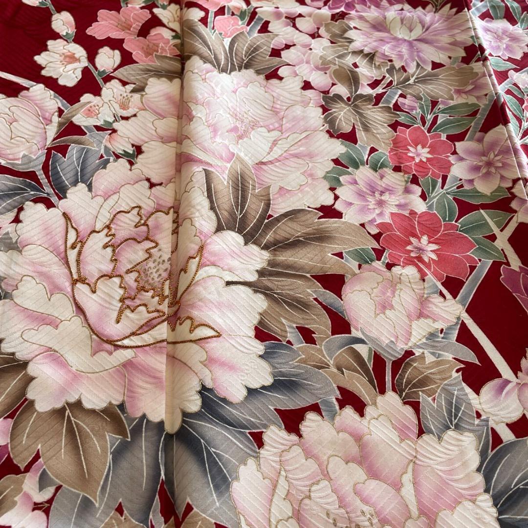 ■E4124■美品■紅海老茶色　花尽くし　京友禅　袷　振袖　丈166 裄68