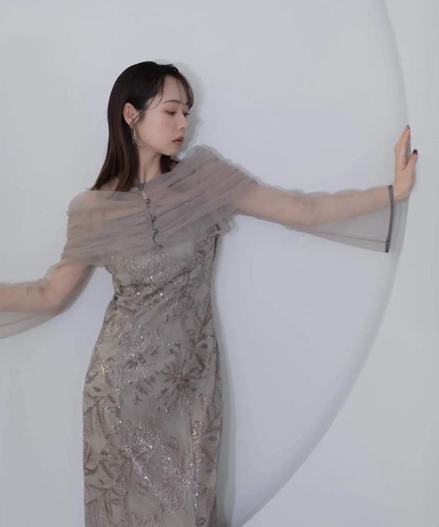 チュールオフショルダー花柄Iラインドレスワンピース