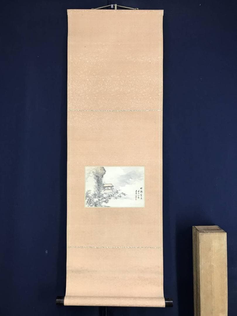 真作/服部五老/山水人物図/山水図/観月図/小品/横物/掛軸☆宝船☆AE-339