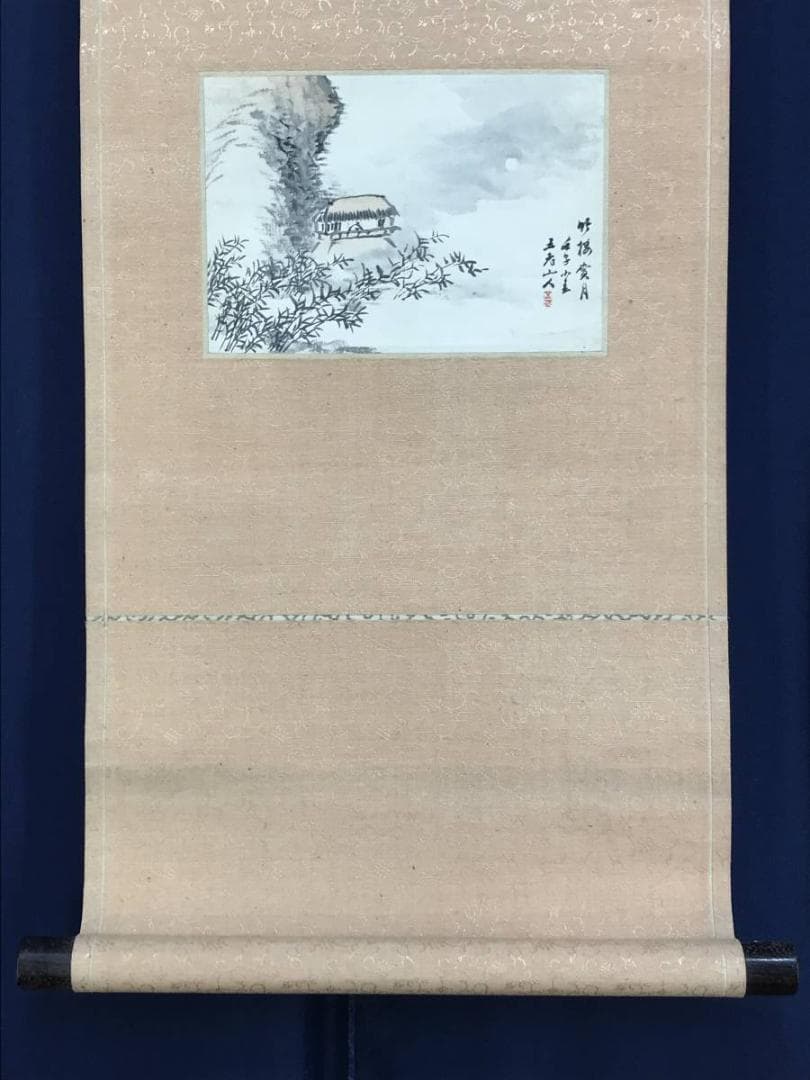 真作/服部五老/山水人物図/山水図/観月図/小品/横物/掛軸☆宝船☆AE-339