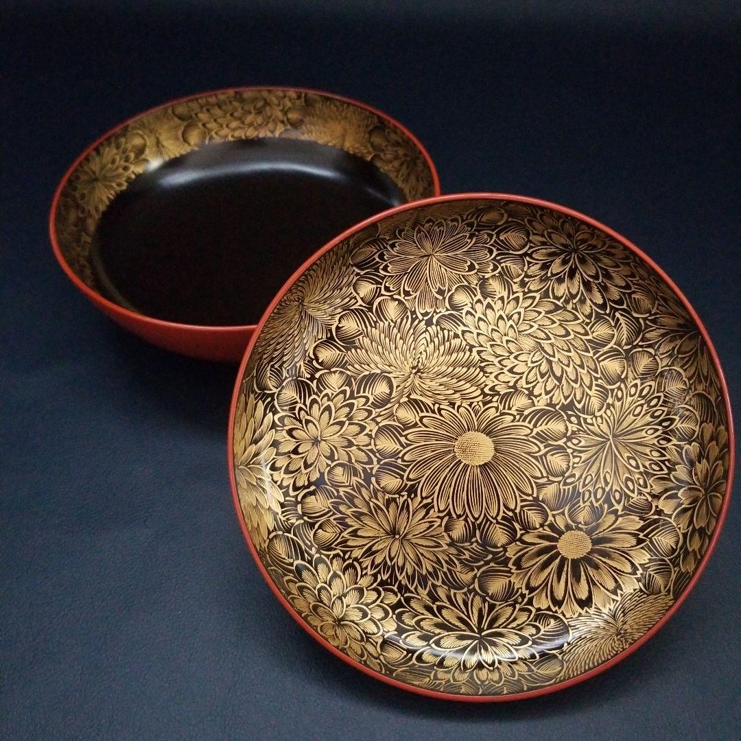 朱漆塗 見返し 総沈金 菊花紋詰 蓋付き 菓子椀 吸物椀 懐石椀 1客①