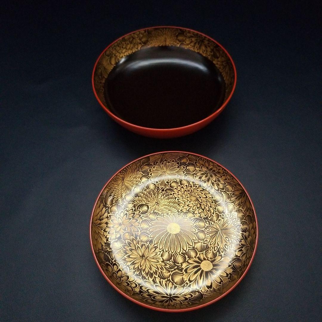 朱漆塗 見返し 総沈金 菊花紋詰 蓋付き 菓子椀 吸物椀 懐石椀 1客①