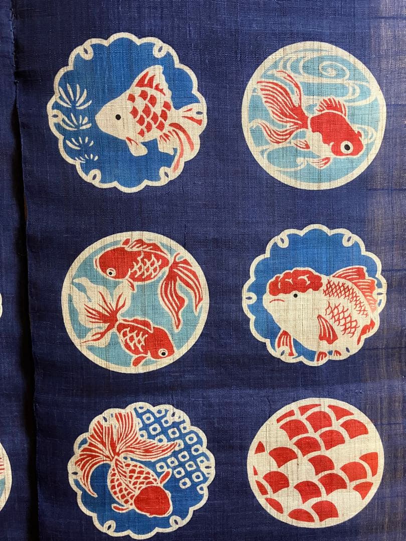 京都くろちく【新品】高級筒描麻暖簾「金魚紋」日本製♪150センチ♪29,700円