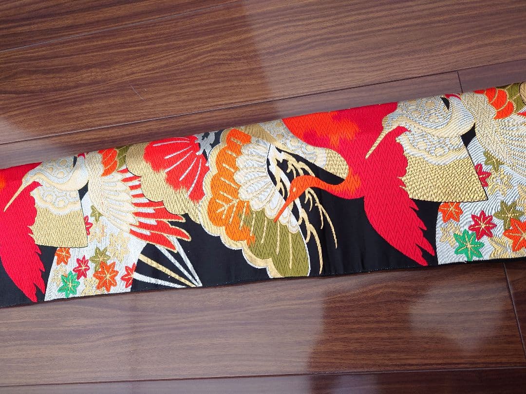 七五三　ハーフ成人式　ジュニア帯　大人用袋帯からの作り帯　鶴柄　1点物　黒