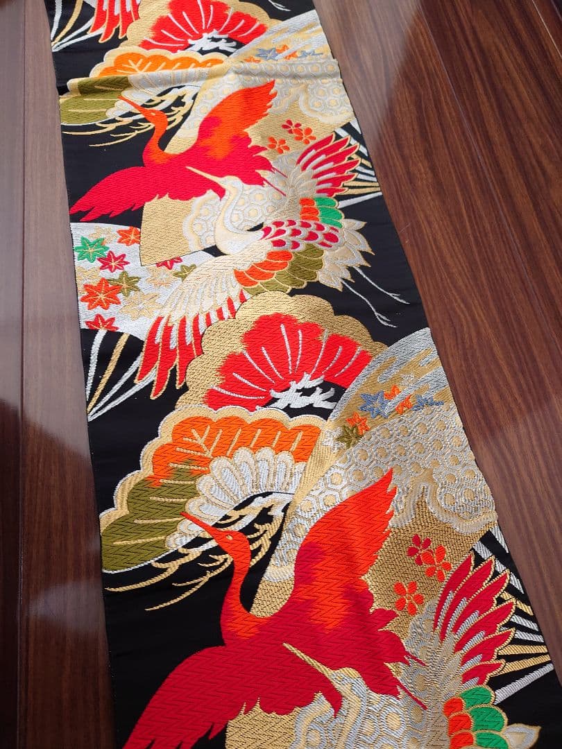 七五三　ハーフ成人式　ジュニア帯　大人用袋帯からの作り帯　鶴柄　1点物　黒