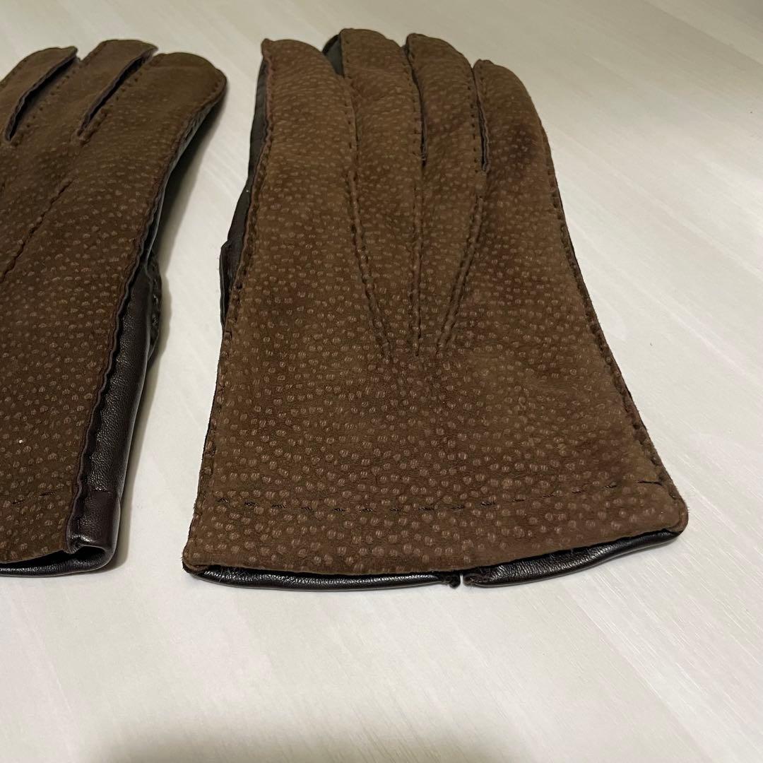 美品☆メンズ 手袋☆カピバラレザー☆ブラウン☆ファー☆毛皮