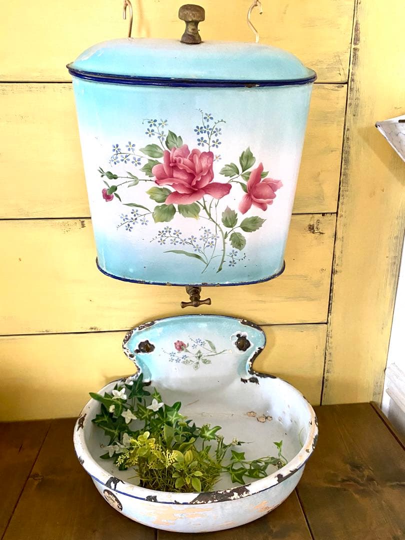 希少　フランス　アンティーク　ホーロー　ファウンテン　花柄