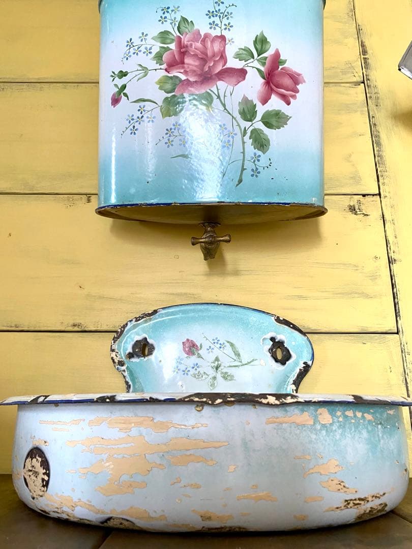 希少　フランス　アンティーク　ホーロー　ファウンテン　花柄