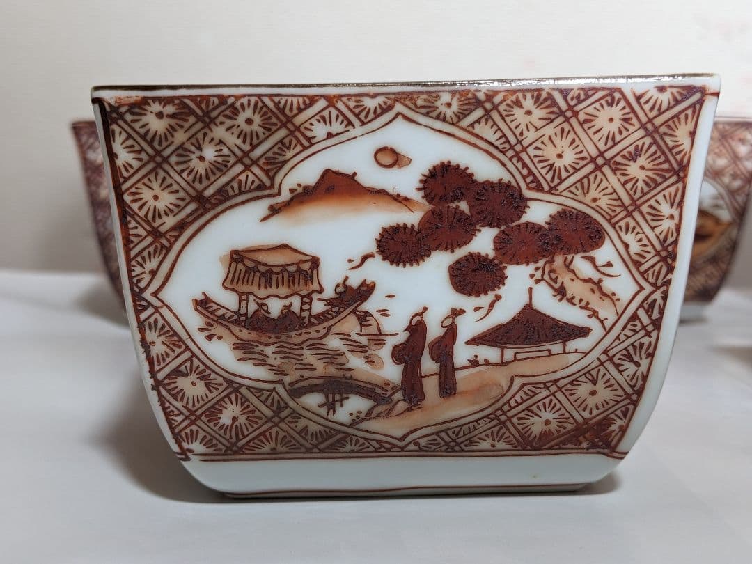 ♦有田焼 胡窯 赤絵 楼閣山水図 四方鉢 向付 九谷焼 茶道具 工芸品 骨董品