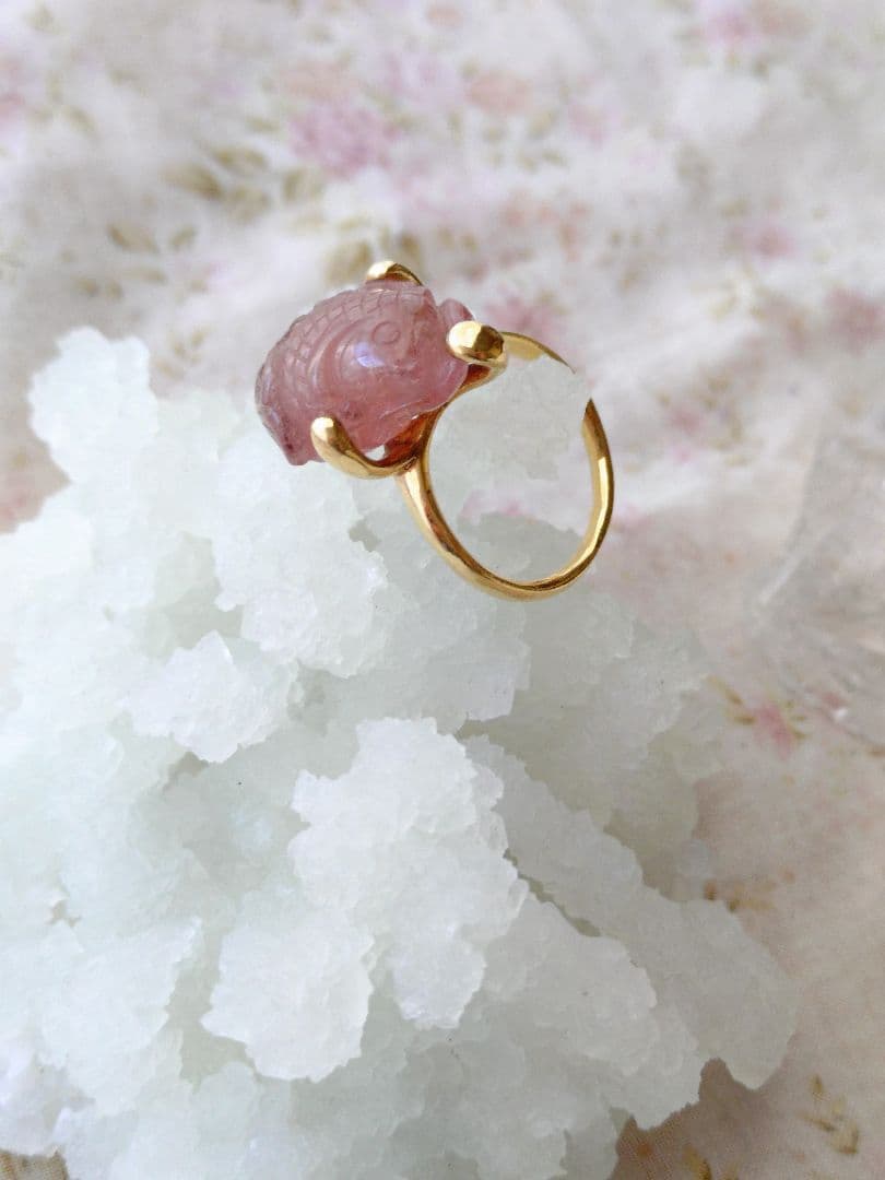 みんにょ☆ボンマジック☆ピンクトルマリン☆鯛？彫刻リングk18