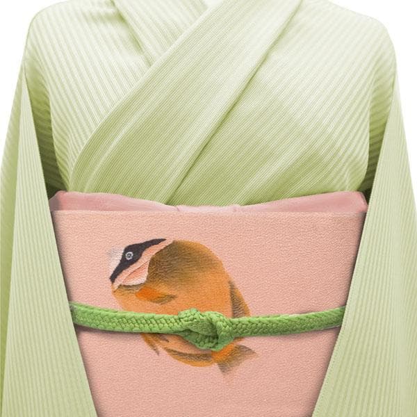 名古屋帯 九寸 作家物 中野雅峰 縮緬 ちりめん 桃色 魚 新古品 kp2273