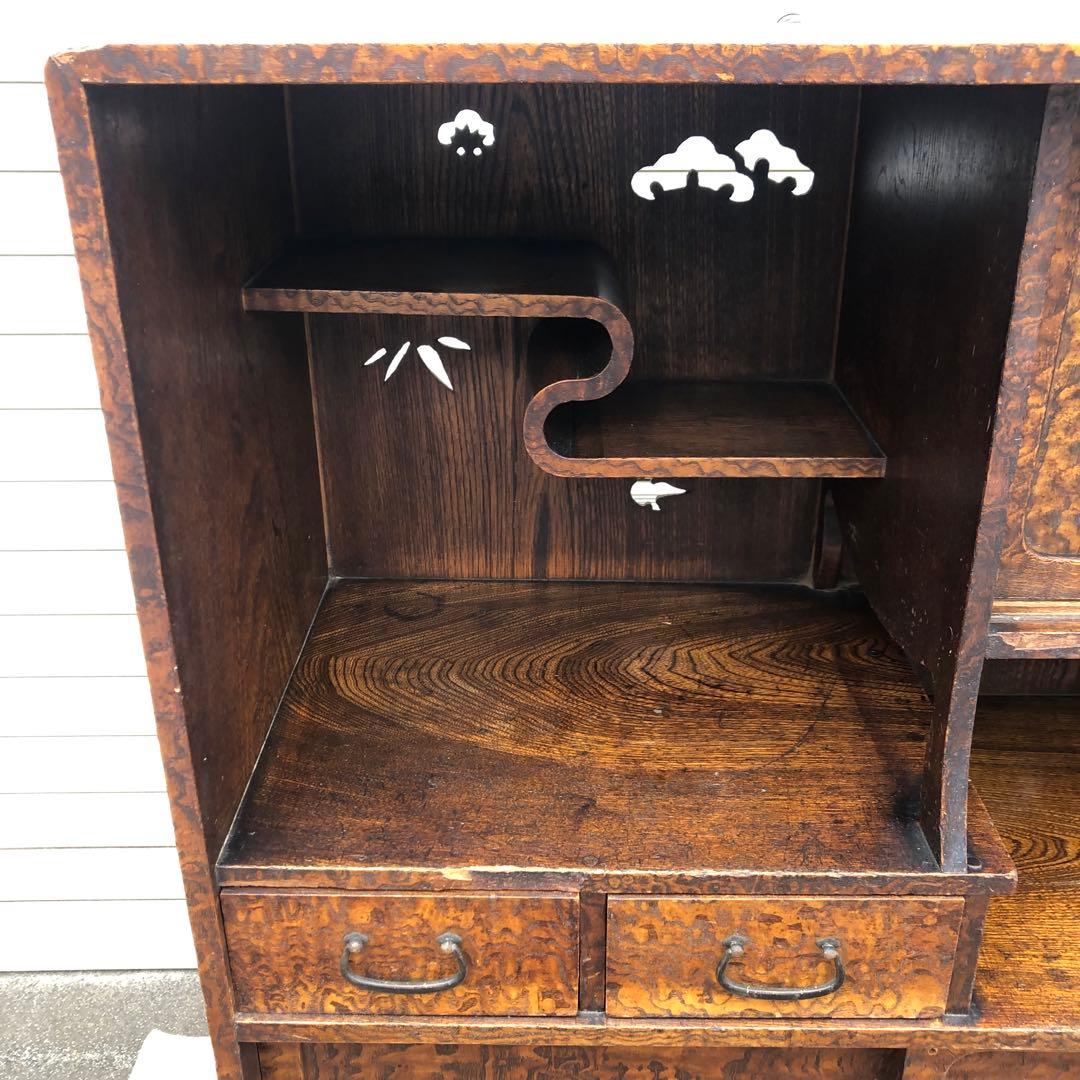 昭和レトロ 透し彫り無垢材 茶箪笥 飾り棚 サイドボード 古家具 ヴィンテージ