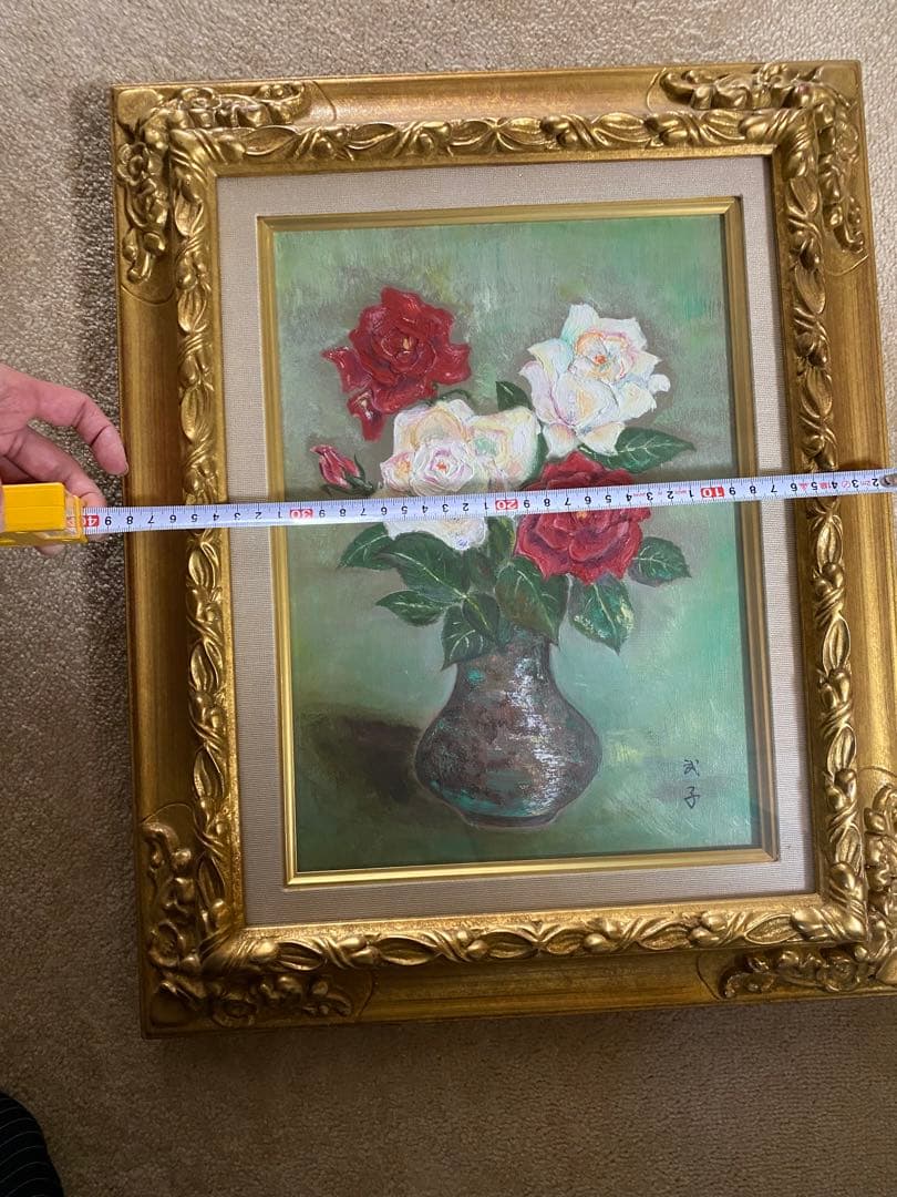 油彩画 バラの花束 金色フレーム 約42cm x 32cm