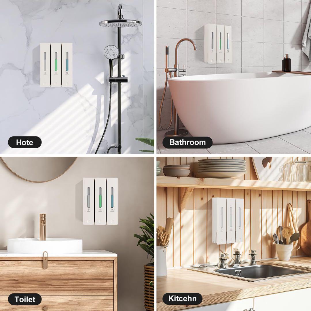 シャンプーボトル 3室　壁掛けタイプ 各400ML 残量確認　白