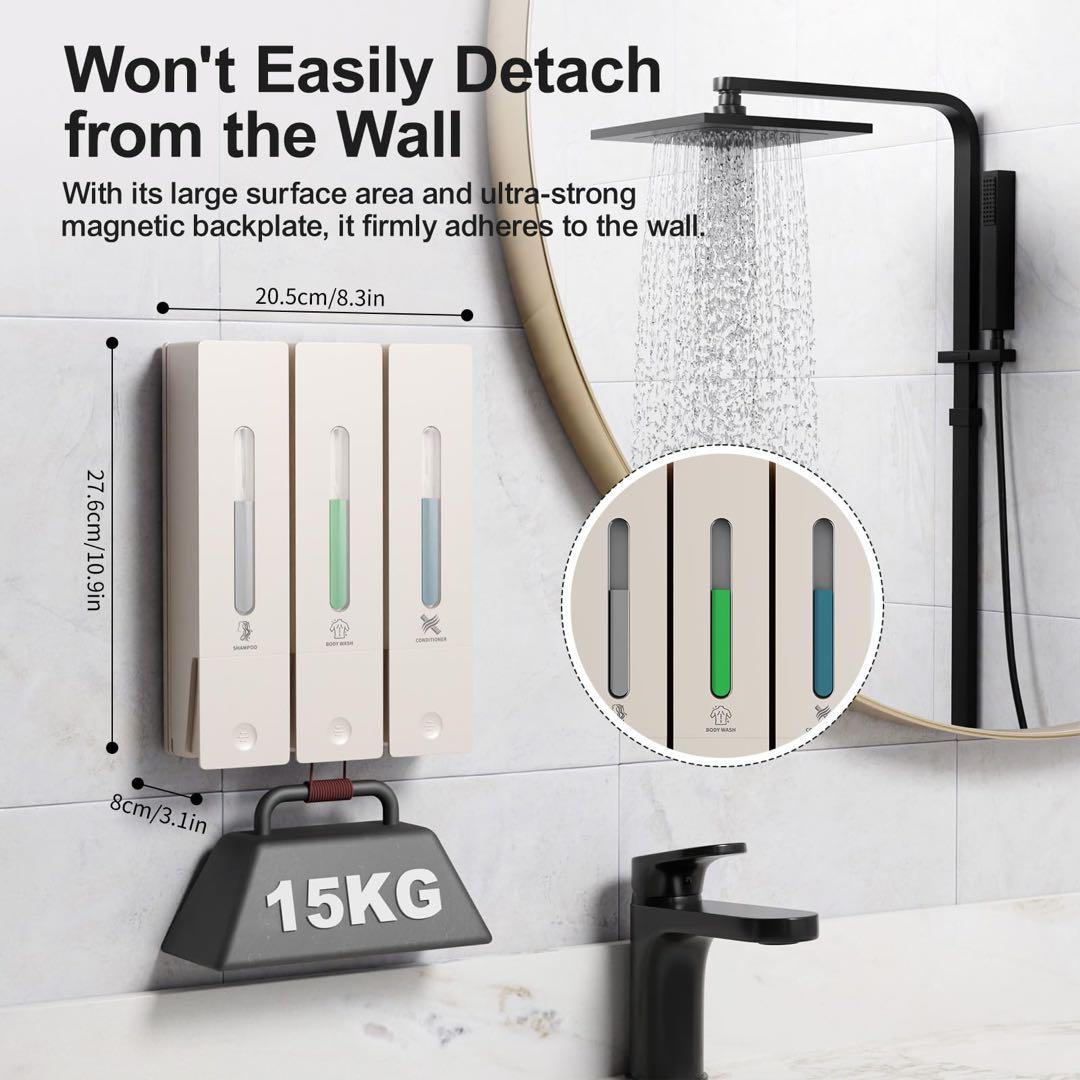 シャンプーボトル 3室　壁掛けタイプ 各400ML 残量確認　白