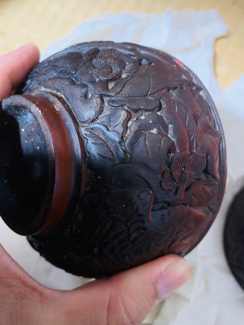 中国明〜清時代堆朱お茶碗2点(元箱付き)