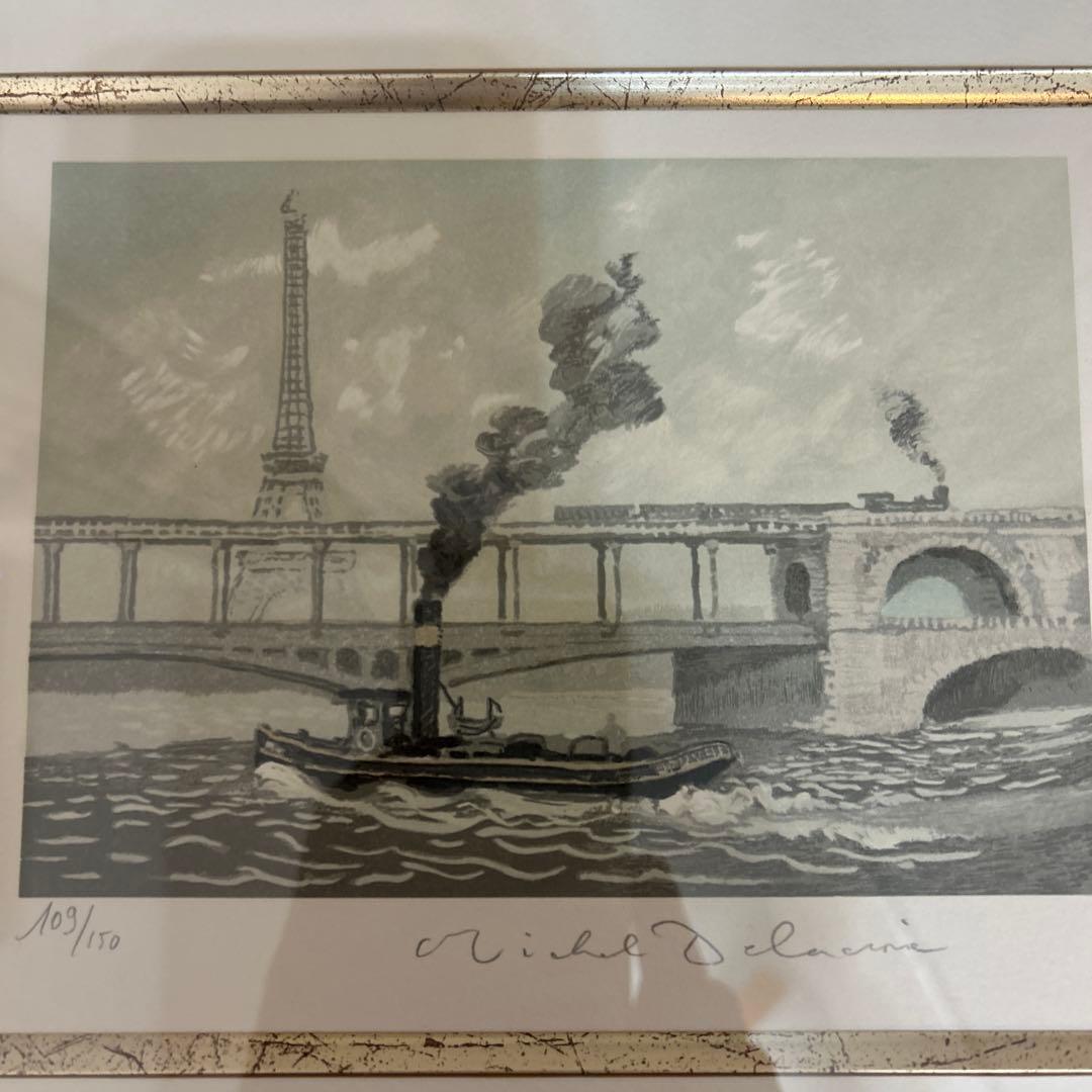 ミッシェル　ドラクロワ　リトグラフ　セーヌの蒸気船　サイン付き