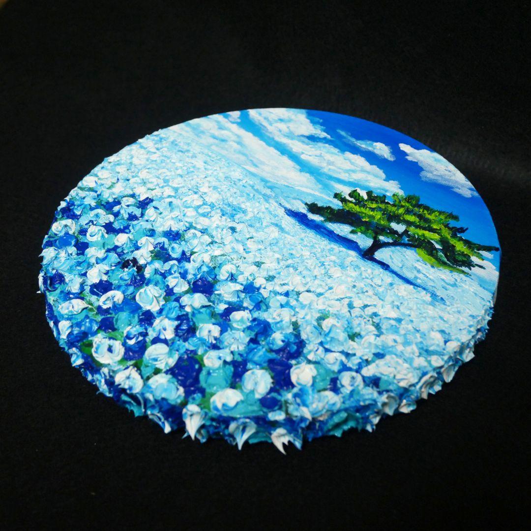 油絵 油彩 油彩画 絵 絵画 円形【ネモフィラの丘】