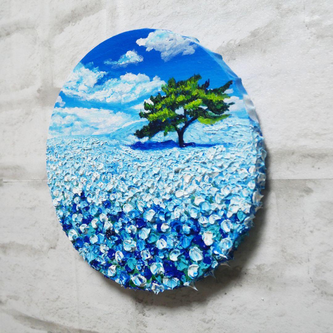油絵 油彩 油彩画 絵 絵画 円形【ネモフィラの丘】
