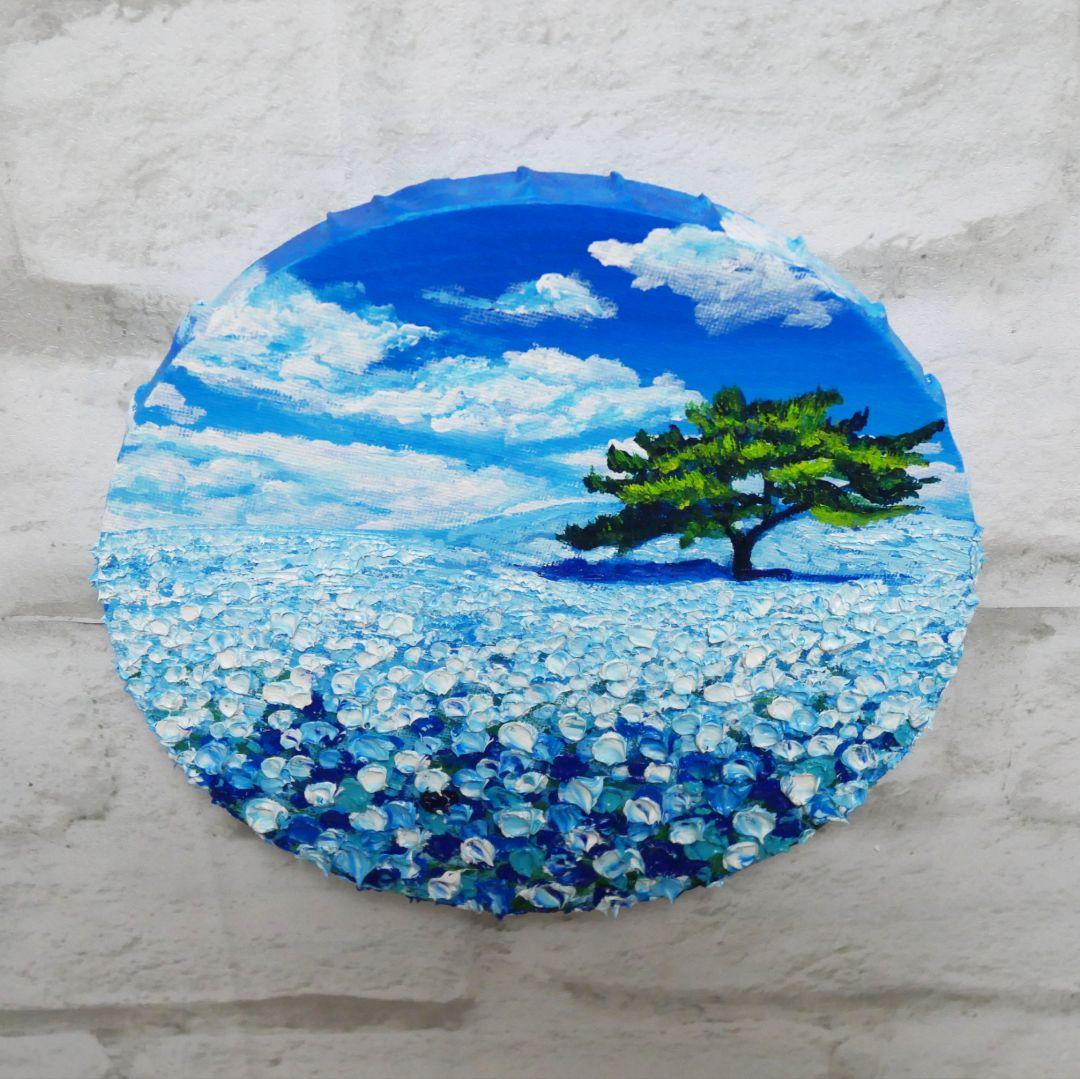 油絵 油彩 油彩画 絵 絵画 円形【ネモフィラの丘】