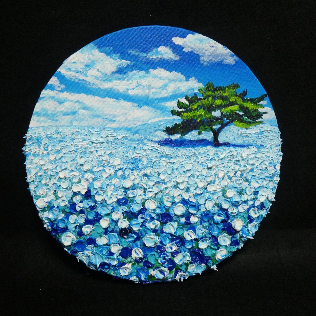 油絵 油彩 油彩画 絵 絵画 円形【ネモフィラの丘】