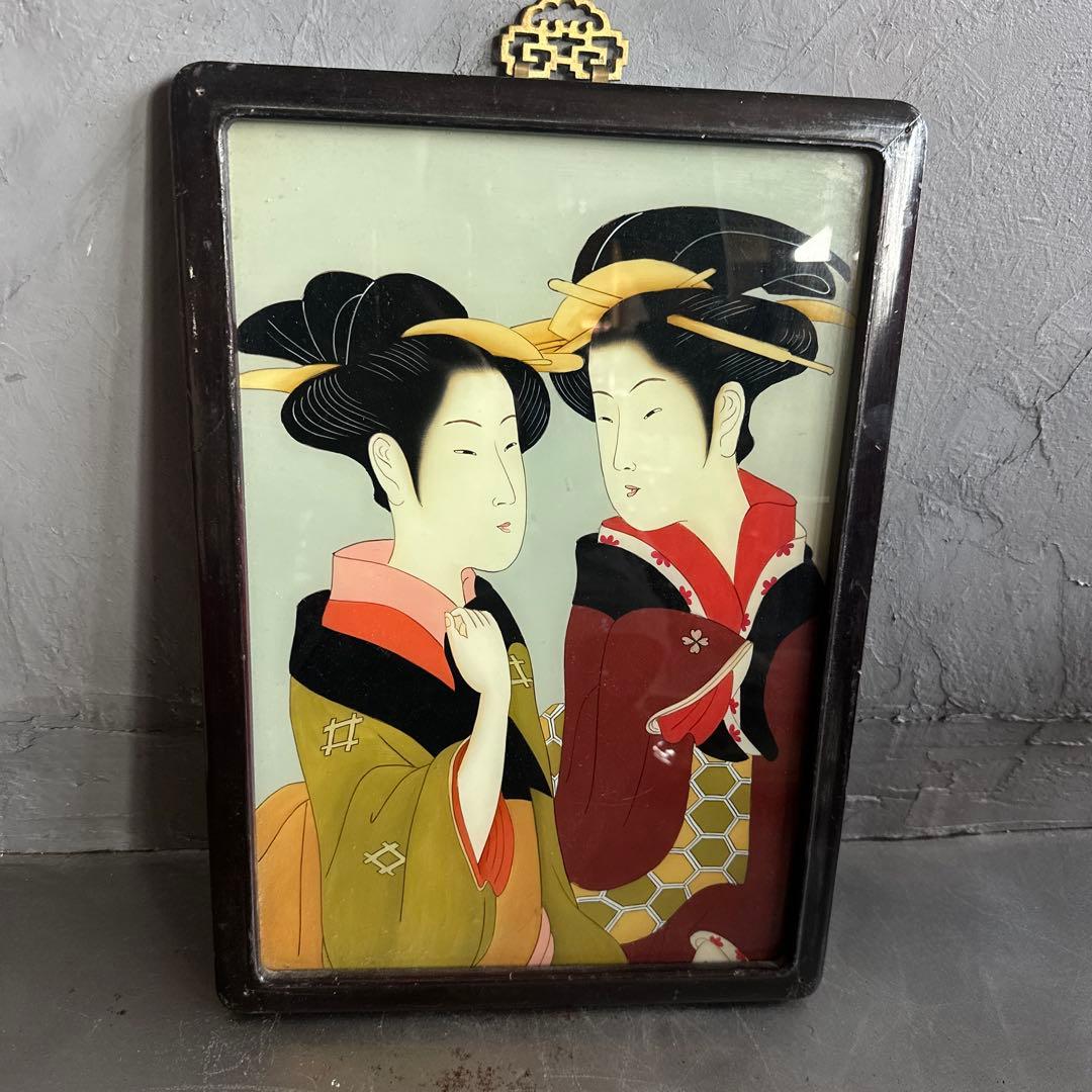 ヴィンテージ　ガラス絵浮世絵 女性の肖像画 木製フレーム付き素敵すぎる‼️