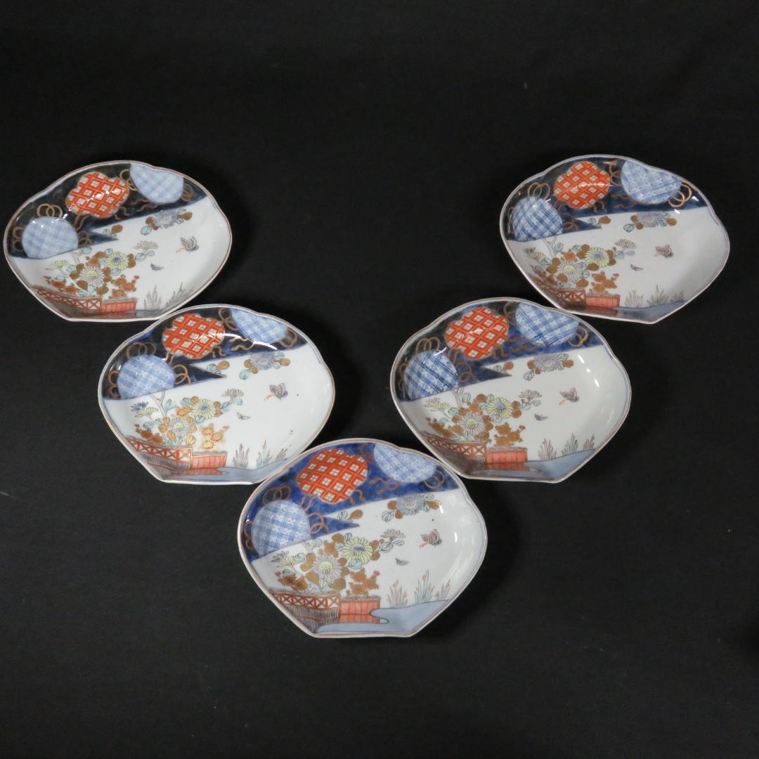 変形皿 貝型 5枚 古伊万里 江戸 蝶 花 宝 色絵付 珍品 希少