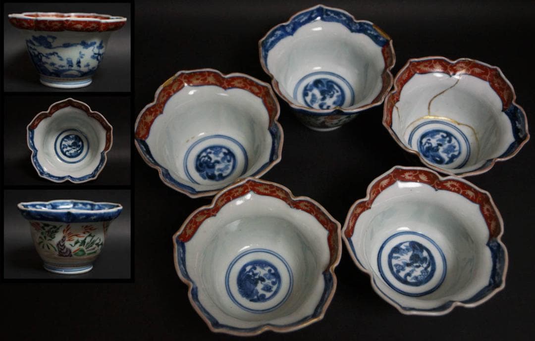 茶道具 古伊万里 色絵『山水風景文』桔梗花形向付 鉢 五客 / 茶事 懐石道具