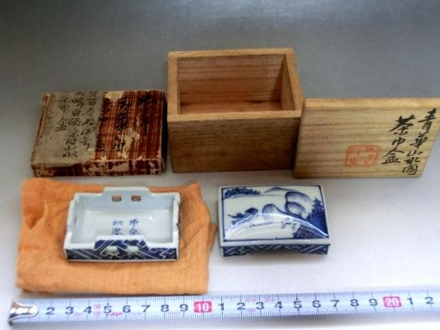香合■青華山水図「平安北峯」 茶巾盆 平安 北峯白磁染付山水時代物 骨董品■