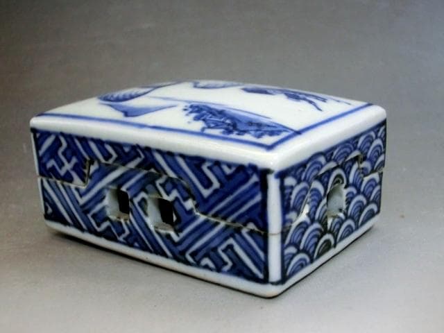 香合■青華山水図「平安北峯」 茶巾盆 平安 北峯白磁染付山水時代物 骨董品■